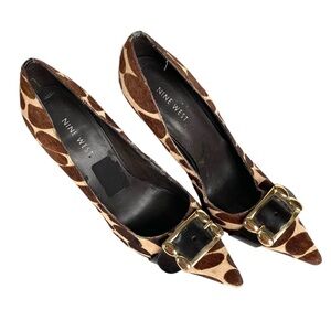 Nine West Calf Hair Giraffe Print Pointed Toe Heels Gold Buckle Y2K Size 7